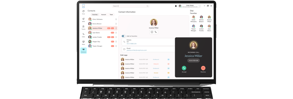 Uniden Voice Over Cloud desktop dashboard with contact list, profile, and incoming call