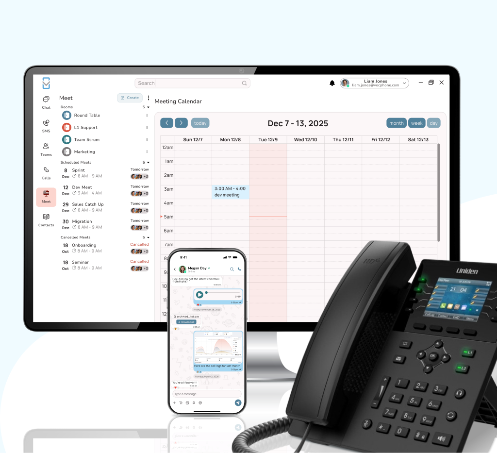 Uniden cloud calling — desk phone, mobile app, and meeting view shown together