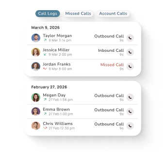 Call log app showing inbound, outbound and missed calls organized by date