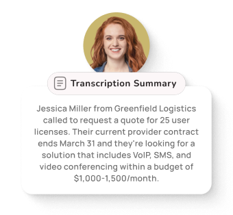 AI transcription summary card with caller details and conversation notes