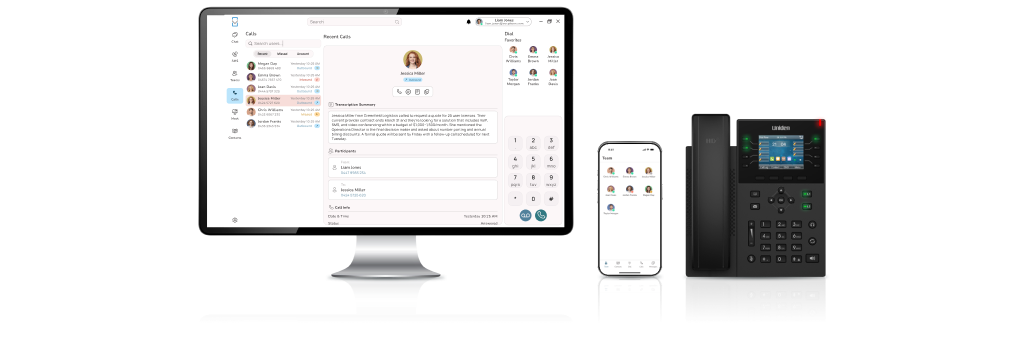 Uniden cloud calling on every device — desktop monitor, mobile phone, and desk phone shown together with cloud backdrop