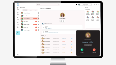 Desktop app with incoming call popup over contact list